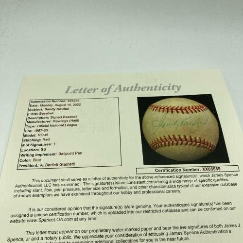 Санди Куфакс Подписа Официален договор в Националната лига бейзбол JSA COA - Бейзболни топки с Автографи