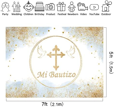 Riyidecor Mi Bautizo Фон От Полиэстеровой Тъкан на Мексиканското Кръщение, Бог да Благослови Първо, Акварел, Синьо, Златен Блясък, 7