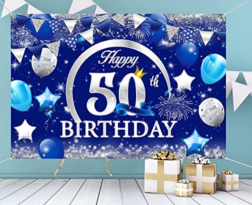 50th Happy Birthday Background Decoration - Фон за Снимки със Синьо Въздушно топка за Петдесет и Предмети за партито честит рожден Ден